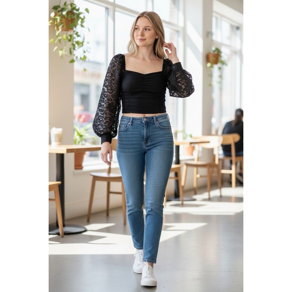 ZARA BLACK FITTED CROP BLOUSE WITH SHEER DESIGN ON LONG SLEEVE Medium